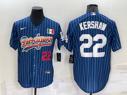 Men's Los Angeles Dodgers #22 Clayton Kershaw Navy Mexico Rainbow Cool Base Stitched Baseball Jersey